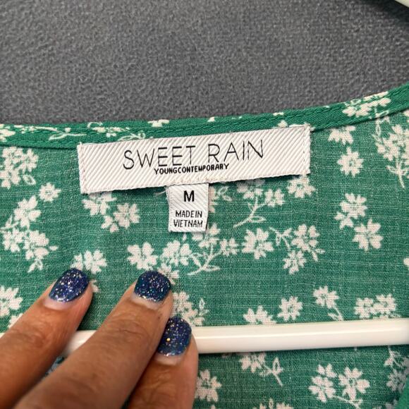 Sweet Rain Green Floral Button Blouse Romantic Peplum Waist Tie Cottagecore - Picture 3 of 12